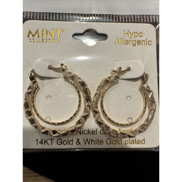 14KT White & Gold Plated 1" Double Hoop Earrings Hypo Allergenic NEW W Gift Bag - Picture 2 of 6